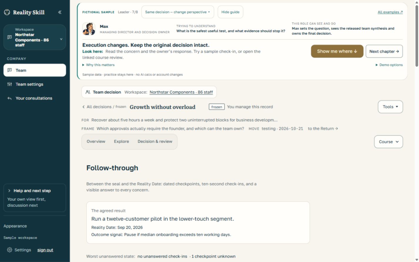 Actual Reality Skill follow-through interface showing the fictional company decision and checkpoint