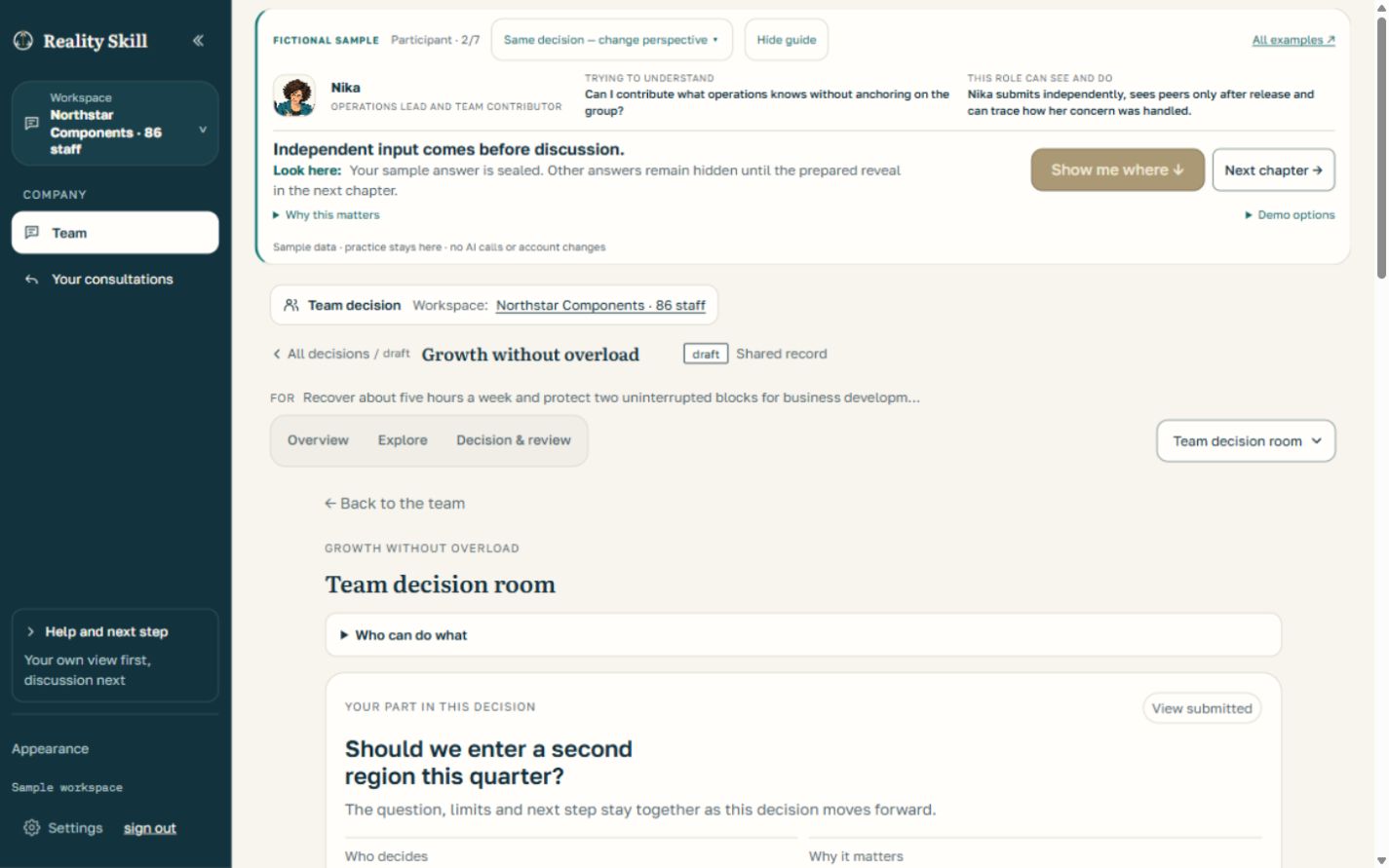 Actual Reality Skill Team Room interface showing the fictional Northstar decision